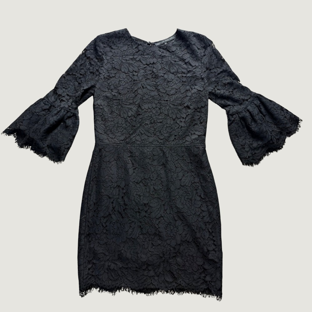 English Factory Lace Mini Dress Small Bell Sleeve Floral Lined Cocktail Black